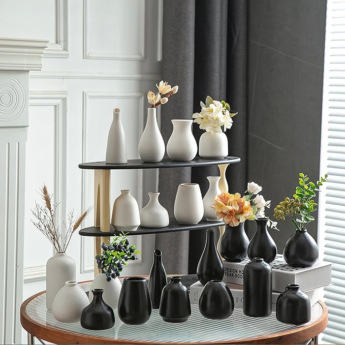JOJUNO Black Bud Vases, Small Ceramic Vase Set of 11, Mini Pottery Vases for Flowers, Decorative Pieces for Home Modern Decor, Boho Decor, Chic Accents for Living Room Dining Table Shelves-VerdiqueGarden