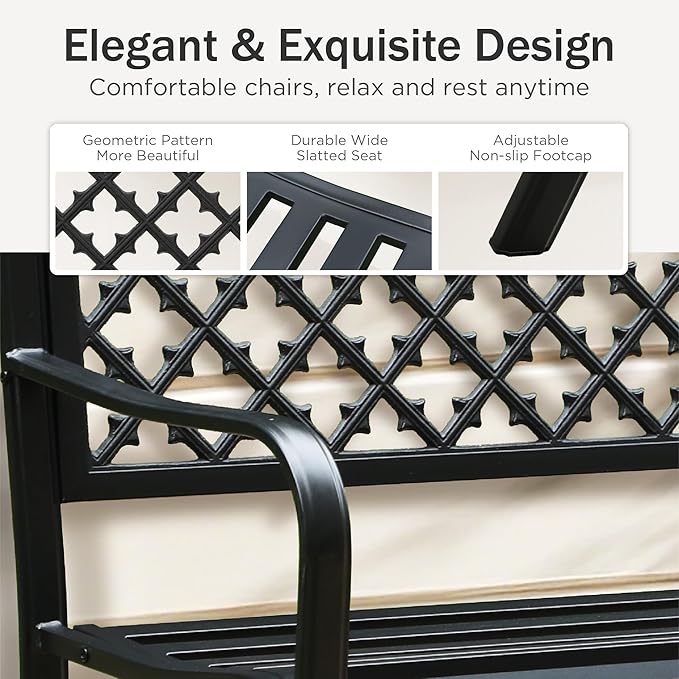 PHI VILLA 50" Outdoor Garden Patio Metal Bench for Outdoors with Plastic Backrest Armrests Sturdy Steel Frame, Black-VerdiqueGarden