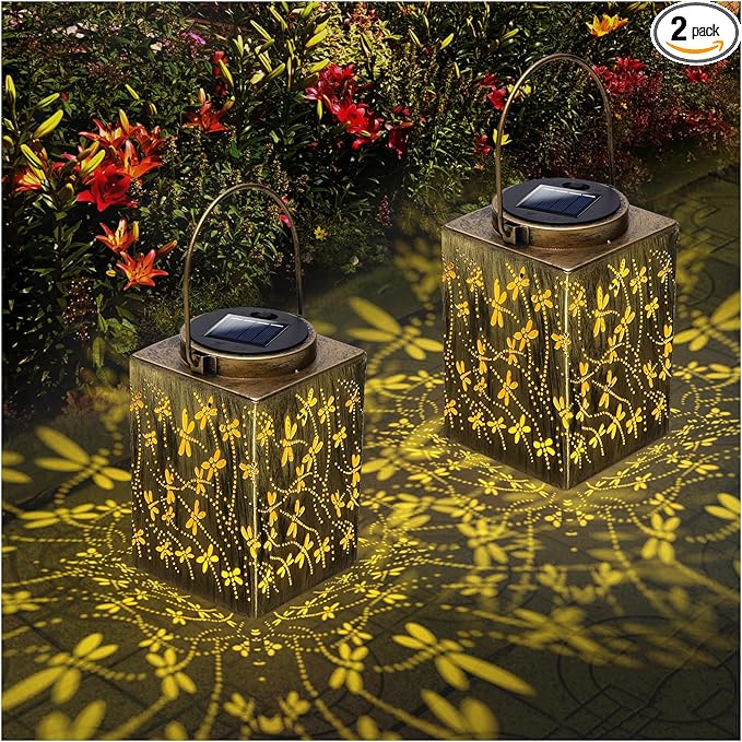 2 Pack Solar Lanterns Outdoor Waterproof - Metal Solar Garden Lights for Patio Porch Yard Garden Decor, Christmas Birthday Gifts for Women Mom Men (Dragonfly)-VerdiqueGarden