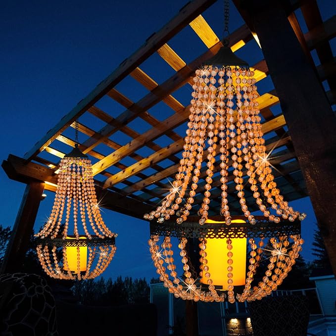 Hanging Candle Lantern, 27” Battery Operated Modern Clear Acrylic Crystal Chandeliers with Flickering Yellow Led Candle Light S Hooks for Garden, Backyard, Gazebo, Room Indoor Outdoor Decor-VerdiqueGarden