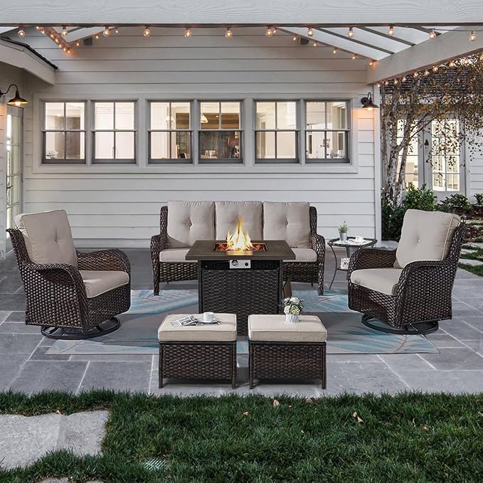 Outdoor Patio Furniture Set with Propane Fire Pit Table, 7 Pieces Wicker Patio Conversation Set with 2 Swivel Glider Rocker Chair Rattan Sofa Beige Cushion Perfect for Casual Gathering-VerdiqueGarden