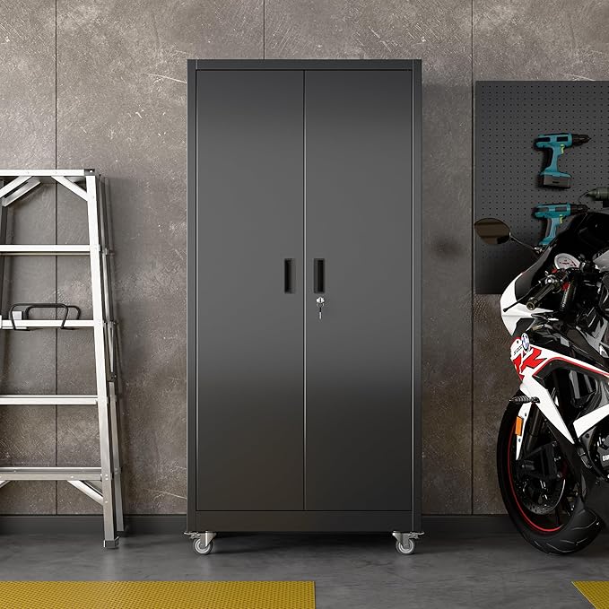 71" H×32" W×16" D Garage Storage Cabinet with Wheels, Locking Metal Storage Cabinet with 5 Adjustable Shelves, 4 Hooks and Pegboard for Garage, Home Office, Kitchen, Black, Assembly Required-VerdiqueGarden