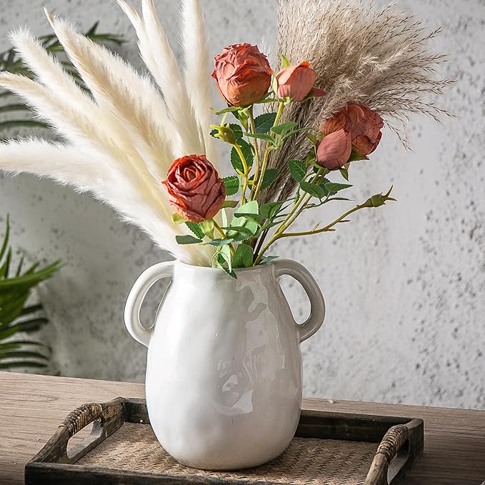 Kimdio White Ceramic Vase with 2 Handles, Modern Farmhouse Vases for Home Decor, Rustic Pottery Vase, Decorative Terracotta Flower Vase, Clay Small Vase, Centerpieces for Dining Table-VerdiqueGarden