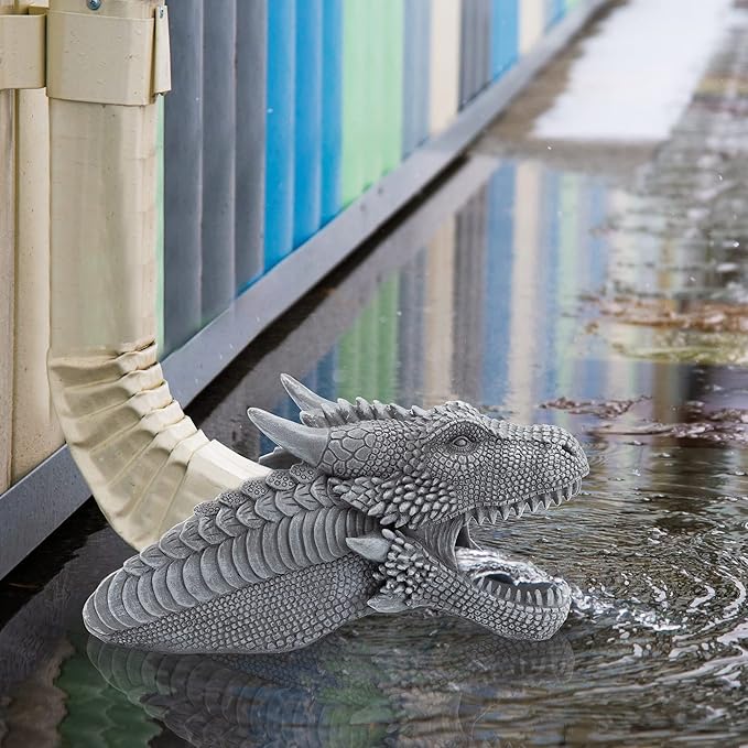 Dragon Garden Downspout Sculpture; Splash Block Anchor w/Ramp for Downspout Extension-VerdiqueGarden