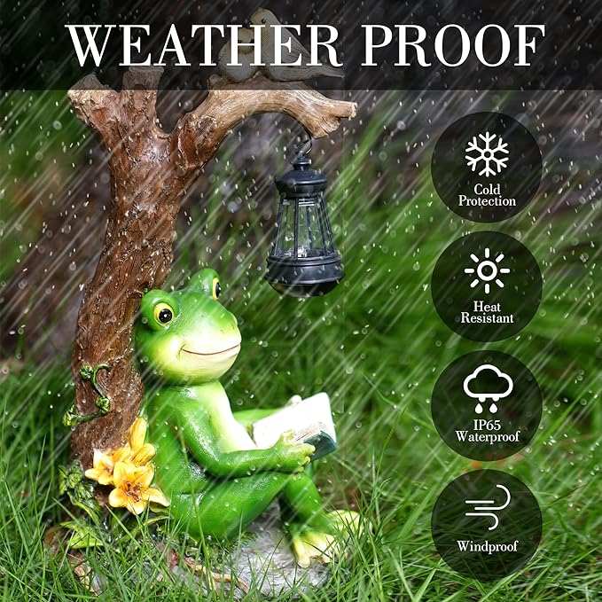 Outdoor Funny Frog Statue, Resin Reading Frogs Garden Decor, Solar Frog Gift Sculpture Decoration for Home Patio, Yard, Lawn, Porch, Ornament-VerdiqueGarden