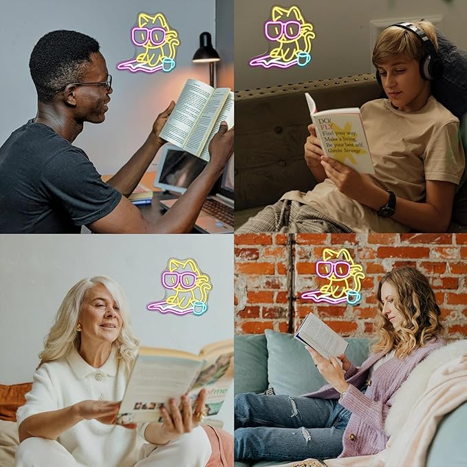 Cat Reading Book Neon Sign Wall Decor, Reading Cat Neon Light Bedroom Wall Decor Suitable for Classroom Book Party Library Decoration Reading Room Bookish Decor Gift-VerdiqueGarden