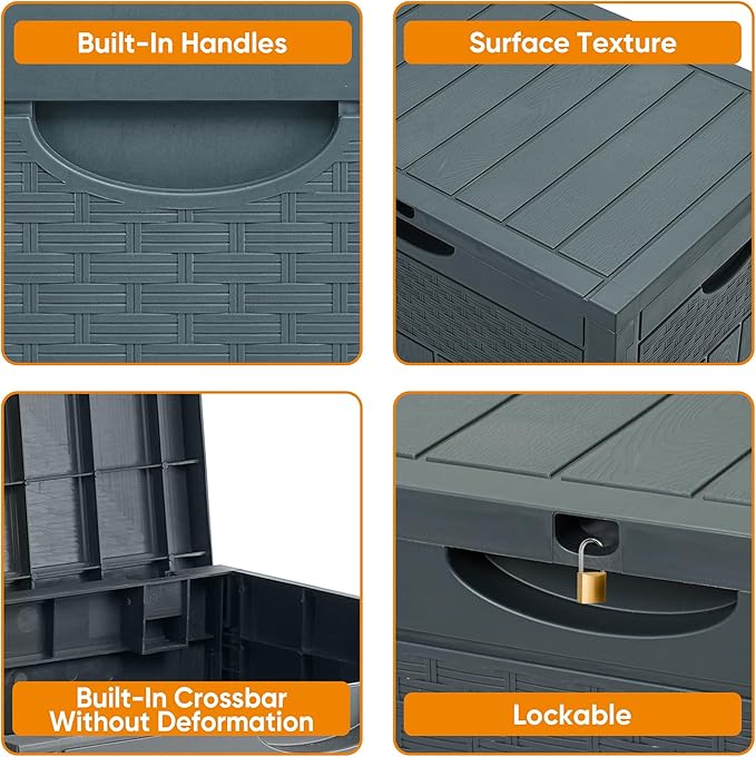 33 Gallon Resin Deck Box, Weatherproof Outdoor Storage Box for Patio, Garden, Pool, and Yard, Lockable Waterproof Bin for Tools, Cushions, and Accessories, Grey-VerdiqueGarden