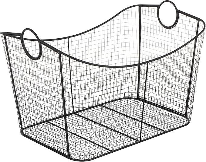 Deco 79 Metal Large Open Frame Wire Grid Storage Basket with Curved Sides and Ring Handles, 30" x 20" x 20", Black-VerdiqueGarden
