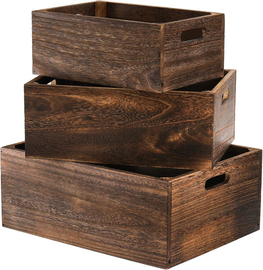 Frcctre Set of 3 Wood Nesting Storage Crates with Handles, Decorative Farmhouse Wooden Crates Storage Containers Rustic Handmade Natural Solid Wood Basket-VerdiqueGarden