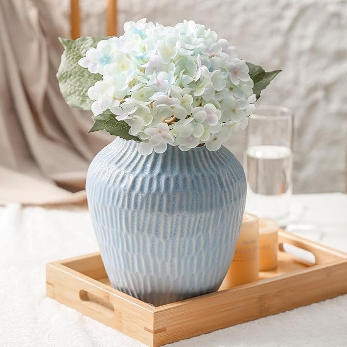 Ceramic Vase for Home Decor,7.8 Inch Flower Vases，Decorative Blue Vase for Pampas Grass，Modern Art Texture Vases for Home Entryway Living Room Dining Table Farmhouse Office Decor-Mat Blue-VerdiqueGarden