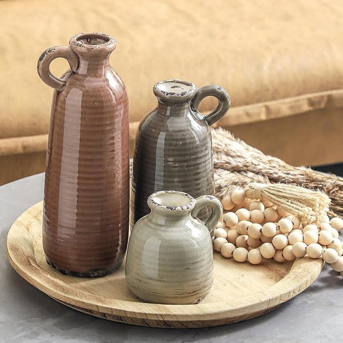 Ceramic Vases Set of 3, Neutral Rustic Farmhouse Vase with Handle, Decorative Flower Vases Home Decor Modern Boho Pampass Vase for Table Mantel Entryway Shelf Living Room Kitchen Bathroom - Brown-VerdiqueGarden