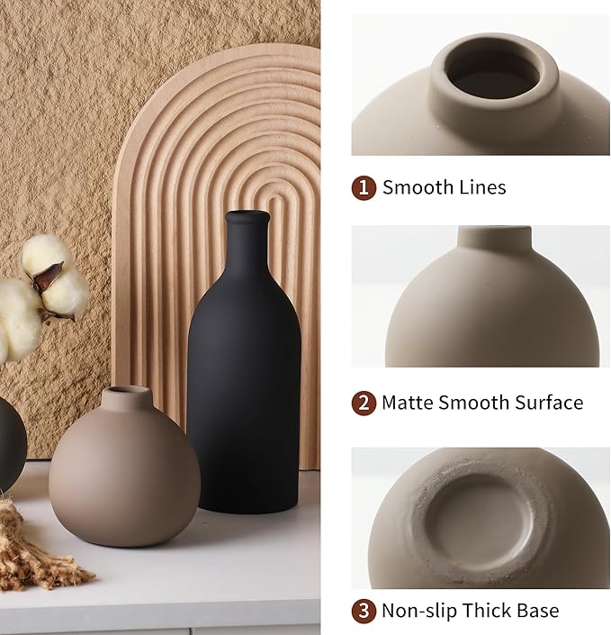 Ceramic Vase Set of 3, Vases Home Decor Rustic Farmhouse Decor Pottery Vases for Bouquet Pampas Grass Dried Fresh Flowers, Living Room, Kitchen, Bedroom, Bathroom, Entryway Mantel, Decor -Multicolor-VerdiqueGarden
