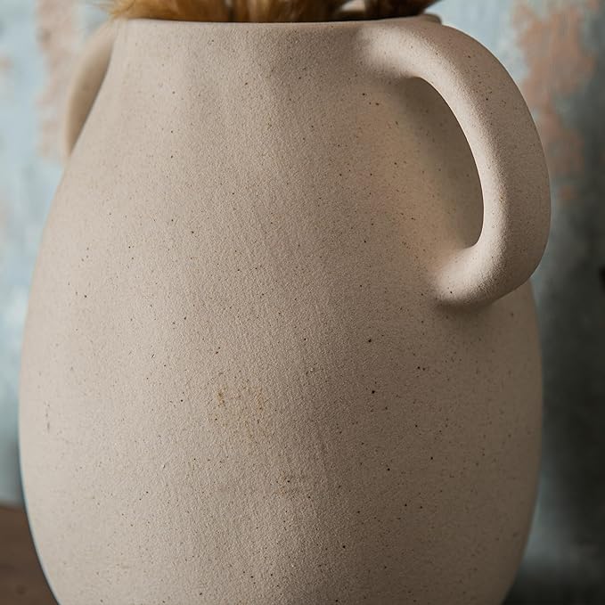 Off-White Ceramic Vase with 2 Handles, Sandstone Texture for Modern Farmhouse Decor, Rustic Pottery, Decorative Flower Vase, Clay Small Vase, Centerpiece for Dining Table - 7 Inch Tall-VerdiqueGarden