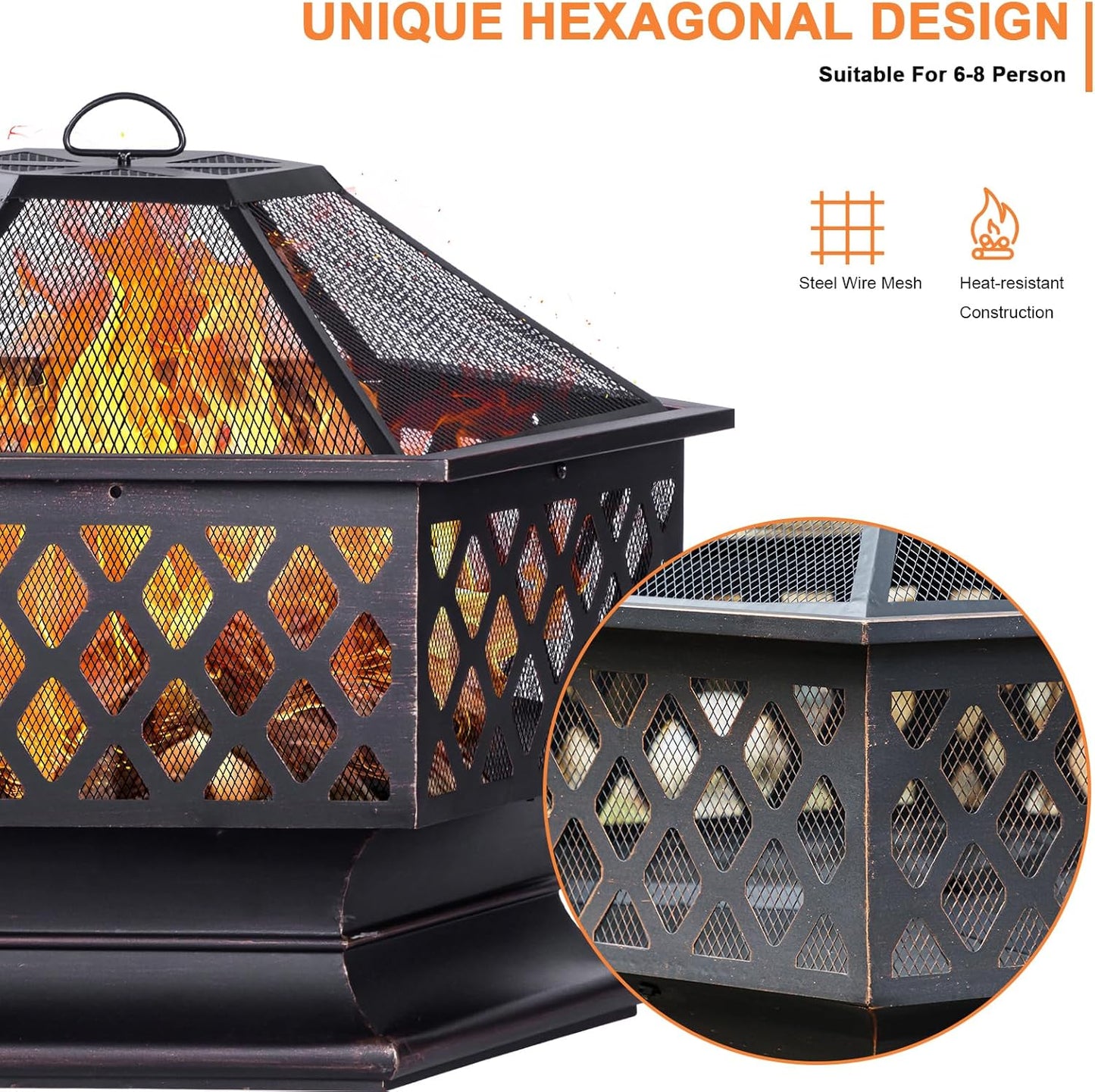 33 Inch Outdoor Fire Pit, Hexagon Shaped Wood Burning Firepit for Outside Bonfire, Patio, Backyard and Camping (Antique Bronze)-VerdiqueGarden