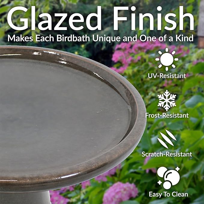 Sunnydaze 21" H Ceramic Bird Bath for Outside - Hand-Painted Outdoor Bird Bath Bowl, UV/Frost-Resistant Finish - Dusty Rose - Classic Pedestal-VerdiqueGarden