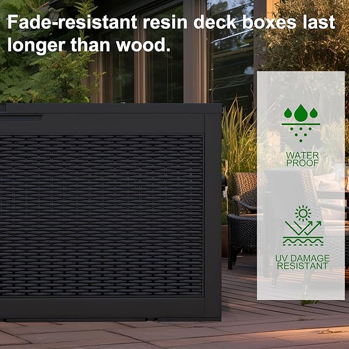 100 Gallon Outdoor Deck Box,Storage Lockable Waterproof Patio Furniture,Garden Tools,Cushions,Pool Accessories Outside Storage Resin Box(Black)-VerdiqueGarden