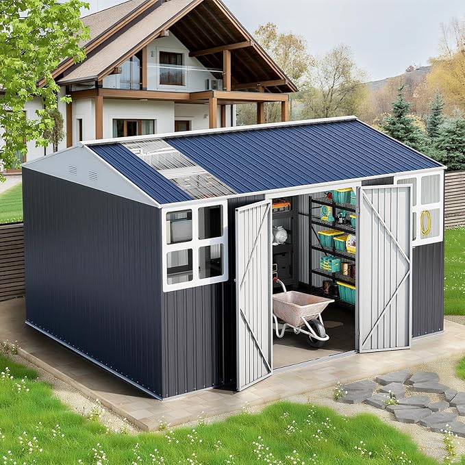 12x10 FT Metal Sheds & Outdoor Storage: Heavy Duty Garden Sheds with Dual Transparent Panels, 2x4-Pane Windows & Hinged Double Doors, Weatherproof Tool Shed for Backyard, Garden, Patio, Grey/White-VerdiqueGarden
