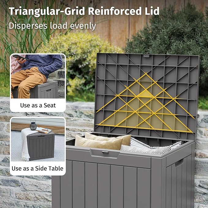 EAST OAK Outdoor Storage Box, 31 Gallon Deck Box Indoor and Outdoor Use, Waterproof Resin Storage Bin for Package Delivery, Patio Cushions, Gardening Tools, Lockable, UV Resistant, Grey-VerdiqueGarden