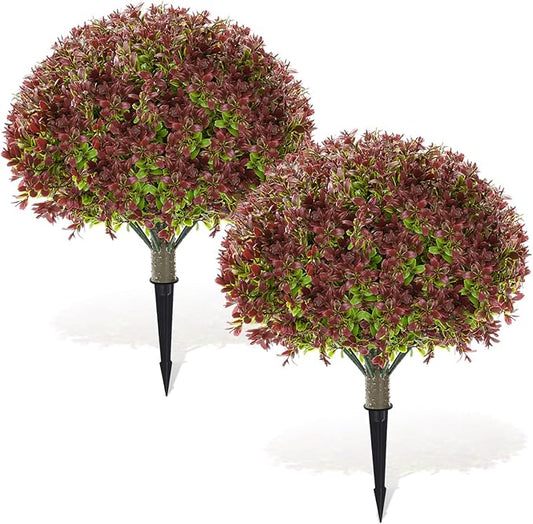 Yunlly 2 Pack 18" Artificial Boxwood Ball Bush Topiary Trees Fake Outdoor Plants, Realistic UV Resistance Faux Shrubs with Spike Greenery Topiary for Front Porch Garden Yard Patio Indoor (Dark Red)-VerdiqueGarden