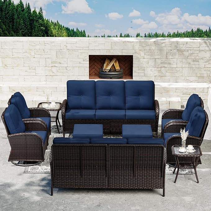 Joyside 10 Piece Patio Furniture Set, Outdoor Wicker Conversation Sets with Swivel Rocker Chairs and Sofa, Thick Cushion, Rattan Patio Sectional for Porch, Deck Use (Brown/Blue, 10 PCS)-VerdiqueGarden