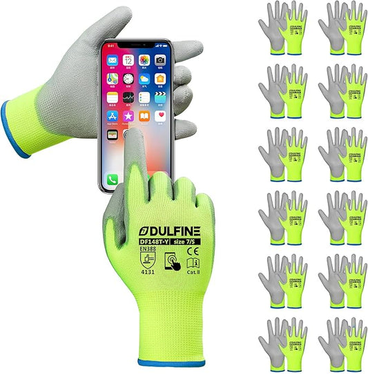 Safety Work Gloves PU Coated for Men and Women-12 Pairs,Hi-Vis Yellow Seamless Knit Glove with Two Fingers Touchscreen,Ideal for General Duty Work (Small)-VerdiqueGarden