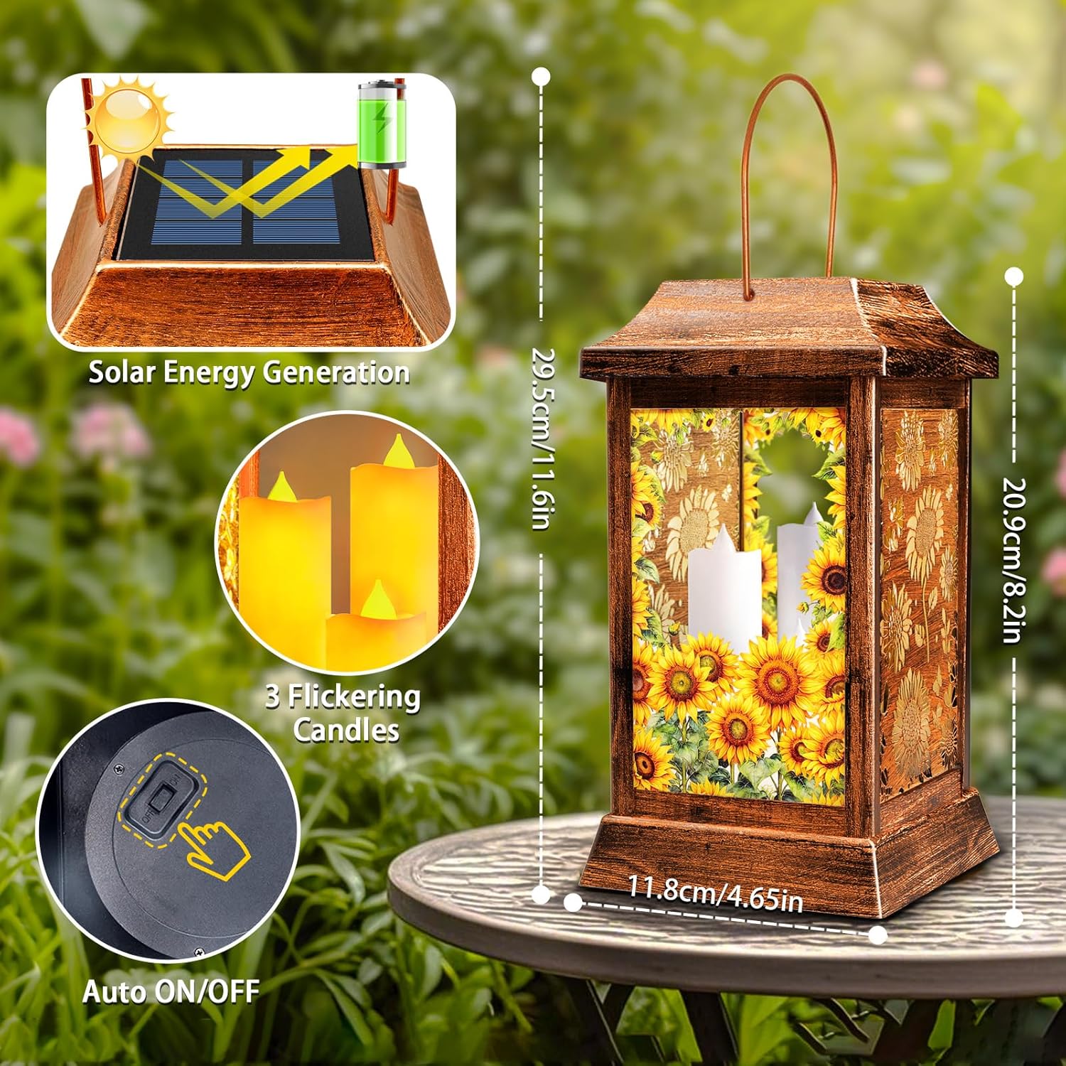Sunflower Solar Lanterns Outdoor Waterproof, Metal & Glass Hanging Lights Garden Decor, Birthday Gifts for Women Mom Grandma Mothers Day, Decorative Lights for Outside Yard Patio Backyard Porch-VerdiqueGarden