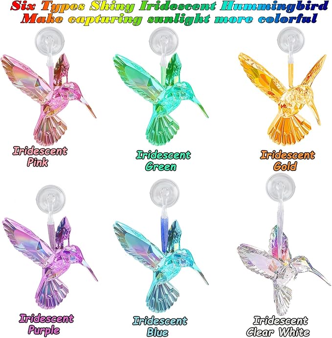6 Pcs in 6 Colors Set Shiny Iridescent Hummingbird Hanging Ornaments with Suction Cup, Clear Acrylic Crystal Art Hummingbird Figurines Pendants Decorations for Christmas Xmas Tree.-VerdiqueGarden