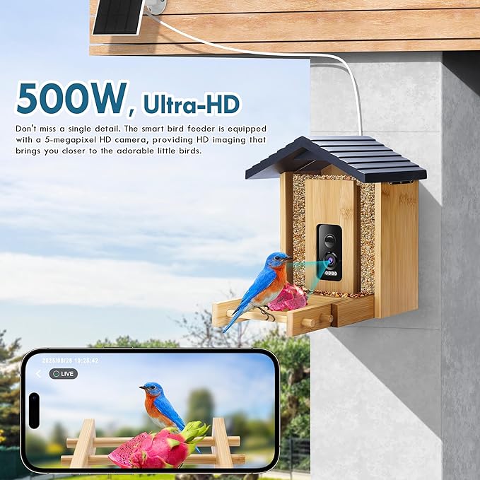 Bird Feeder, 5MP Solar-Powered Smart Bird Feeder with Camera, AI Identifies Birds 10000+, 2.4GHz, Color Night Vision, Instant Notification, Easy to Use, 1.5L Birds Feeders for Outdoor, Yard-VerdiqueGarden