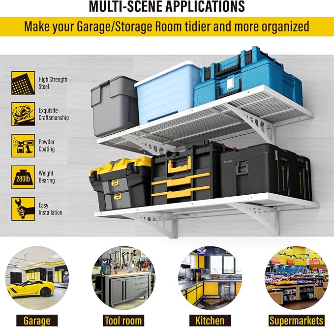 2-Pack 1.64x4ft Adjustable Garage Wall Shelving 560lbs Load Capacity Heavy Duty Wall Mounted Storage Shelf Metal Floating Shelves for Garage(White)-VerdiqueGarden
