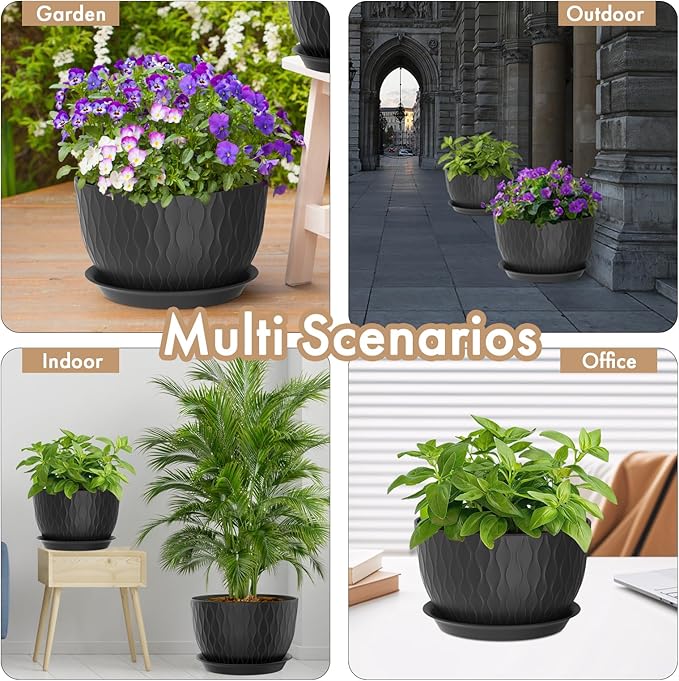 12 Inch Large Plant Pots for Indoor or Outdoor Plants, Wide Water Ripples Flower Pots with Drainage Holes & Saucer, Plastic Planters Set for Garden & Home Decor (Black)-VerdiqueGarden