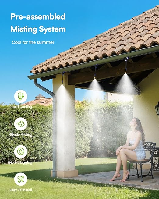 RAINPOINT Misters for Outside Patio - Upgraded 26FT(8M) Misting System Kit with Water Filter for Cooling Outdoor, 26FT Misting Line + 7 Mist Nozzles for Backyard Garden Porch Deck Greenhouse-VerdiqueGarden