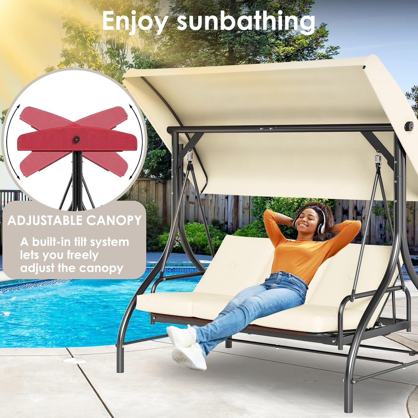 TLSUNNY 3-Seat Outdoor Patio Porch Swing with Adjustable Canopy & Backrest, Convertible Glider Bed with Stand, Removable Seat Cushion, 45° Tilt Adjustment for Backyard, Poolside, Balcony - 750LBS-VerdiqueGarden