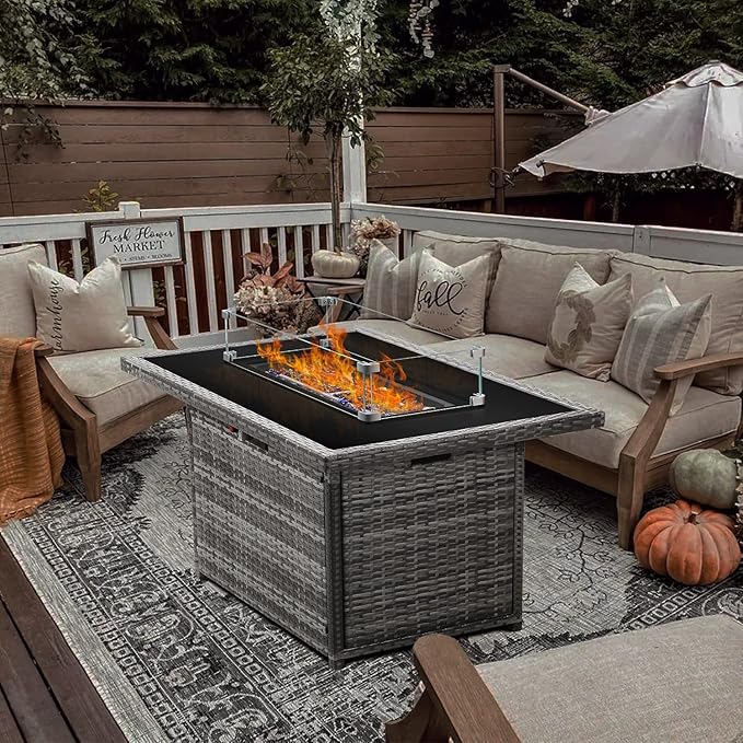Propane Fire Pit Table,44 Inch 55000 BTU Outdoor Gas Fire Pit Rectangular with Glass Wind Guard for Outside Patio Deck (Gray-Glass Top)-VerdiqueGarden