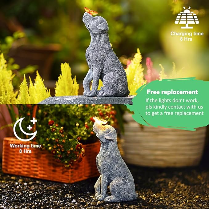 Solar Garden Statue Dog Figurine – Outdoor Decoration with Butterfly for Garden Yard Lawn Home Decor Outside : Unique Gifts for Mom Grandma-VerdiqueGarden