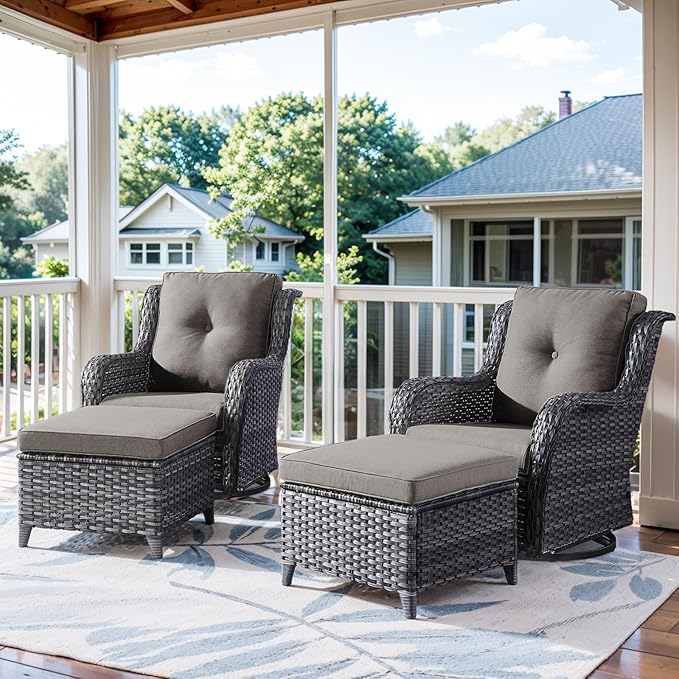 4 Pieces Patio Furniture Sets, Wicker Patio Swivel Glider Chair with Ottomans, Outdoor Furniture Set for Outside Porch, Deck, Balcony, Garden-VerdiqueGarden