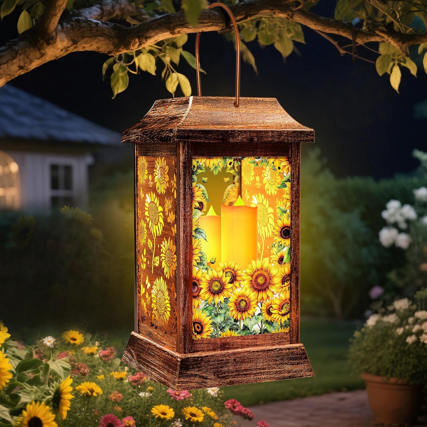 Sunflower Solar Lanterns Outdoor Waterproof, Metal & Glass Hanging Lights Garden Decor, Birthday Gifts for Women Mom Grandma Mothers Day, Decorative Lights for Outside Yard Patio Backyard Porch-VerdiqueGarden