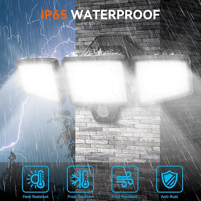 65W LED Flood Lights Outdoor, 6500LM, Waterproof, 6500K Motion Sensor Flood Lights Outdoor with Adjustable 3 Head Detected Floodlight for Outside Entryway Garage, Yard, Porch-VerdiqueGarden