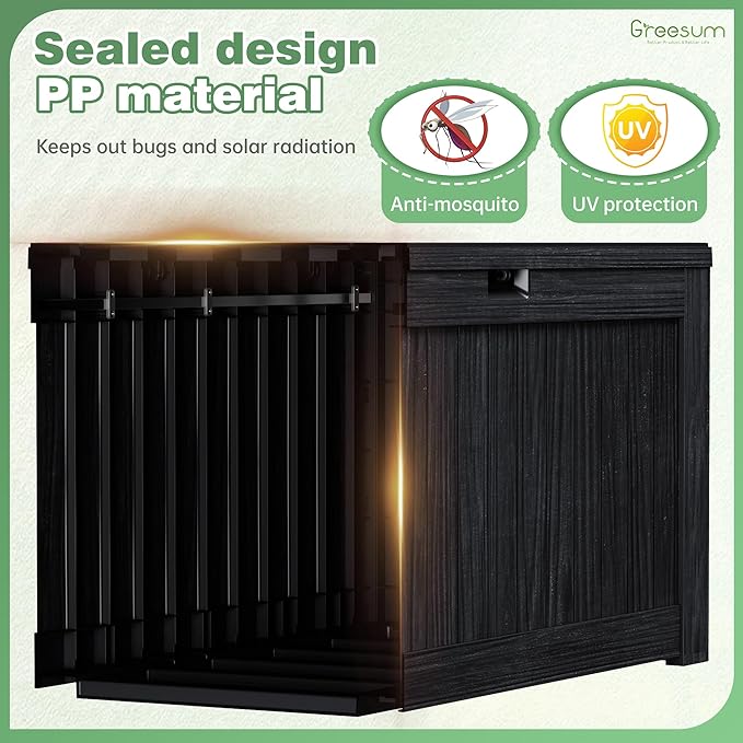 Greesum 120 Gallon Outdoor Storage Box with Lock - Large Resin Deck Box, Reinforced Lid for Garden, Patio, Lawn, Black-VerdiqueGarden