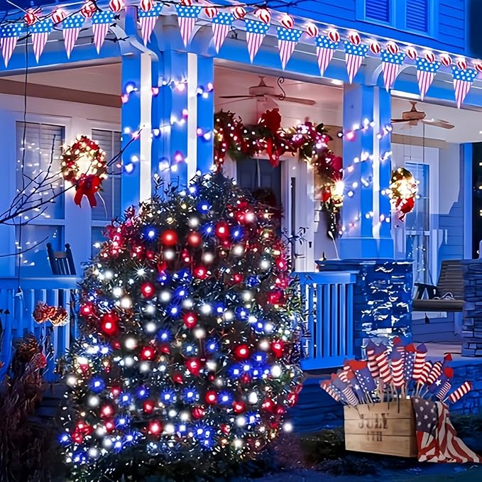 EEW 2pk Red White and Blue Solar String Lights Outdoor Waterproof, Solar Powered LED Patriotic Lights 200 LED, Solar Tree Lights for Independence Day Decor 4th of July Memorial Day Decorations-VerdiqueGarden