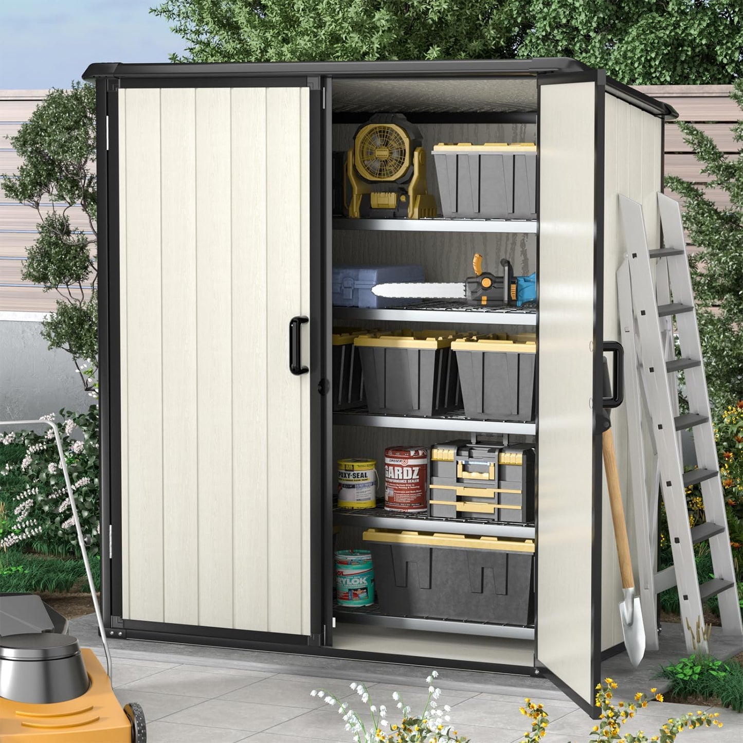 Aoxun Outdoor Storage Shed 5 x 3FT, Resin Shed with Floor and Lockable Door, Plastic Shed for Bike, Garbage Can, Tool, Accessories, Lawn, Garden - Beige-VerdiqueGarden