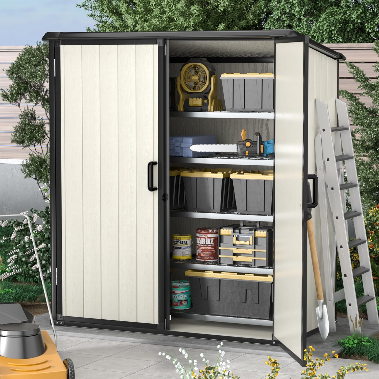 Aoxun Outdoor Storage Shed 5 x 3FT, Resin Shed with Floor and Lockable Door, Plastic Shed for Bike, Garbage Can, Tool, Accessories, Lawn, Garden - Beige-VerdiqueGarden