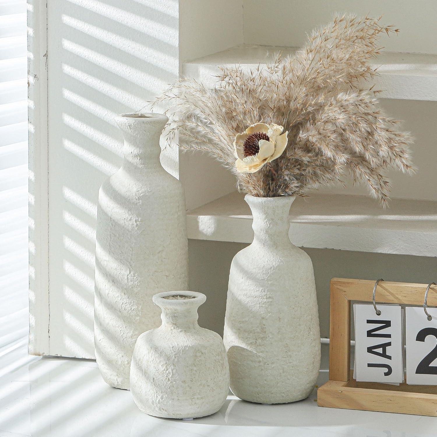 Ceramic Vase Set of 3, Neutral Rustic Vases Home Decor Farmhouse Decorative Vase Whitewashed Pottery Decor Boho Modern for Table Mantel Entryway Bookshelf Living Room Kitchen Bathroom Bedroom - White-VerdiqueGarden