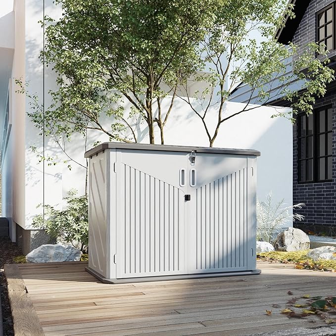 Aoxun 35 Cu.Ft Outdoor Storage Shed, Waterproof Horizontal Resin Cabinet for Trash Cans, Lawn Mowers, Generators, and Garden Tools, White-VerdiqueGarden