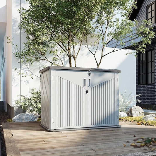 Aoxun 35 Cu.Ft Outdoor Storage Shed, Waterproof Horizontal Resin Cabinet for Trash Cans, Lawn Mowers, Generators, and Garden Tools, White-VerdiqueGarden