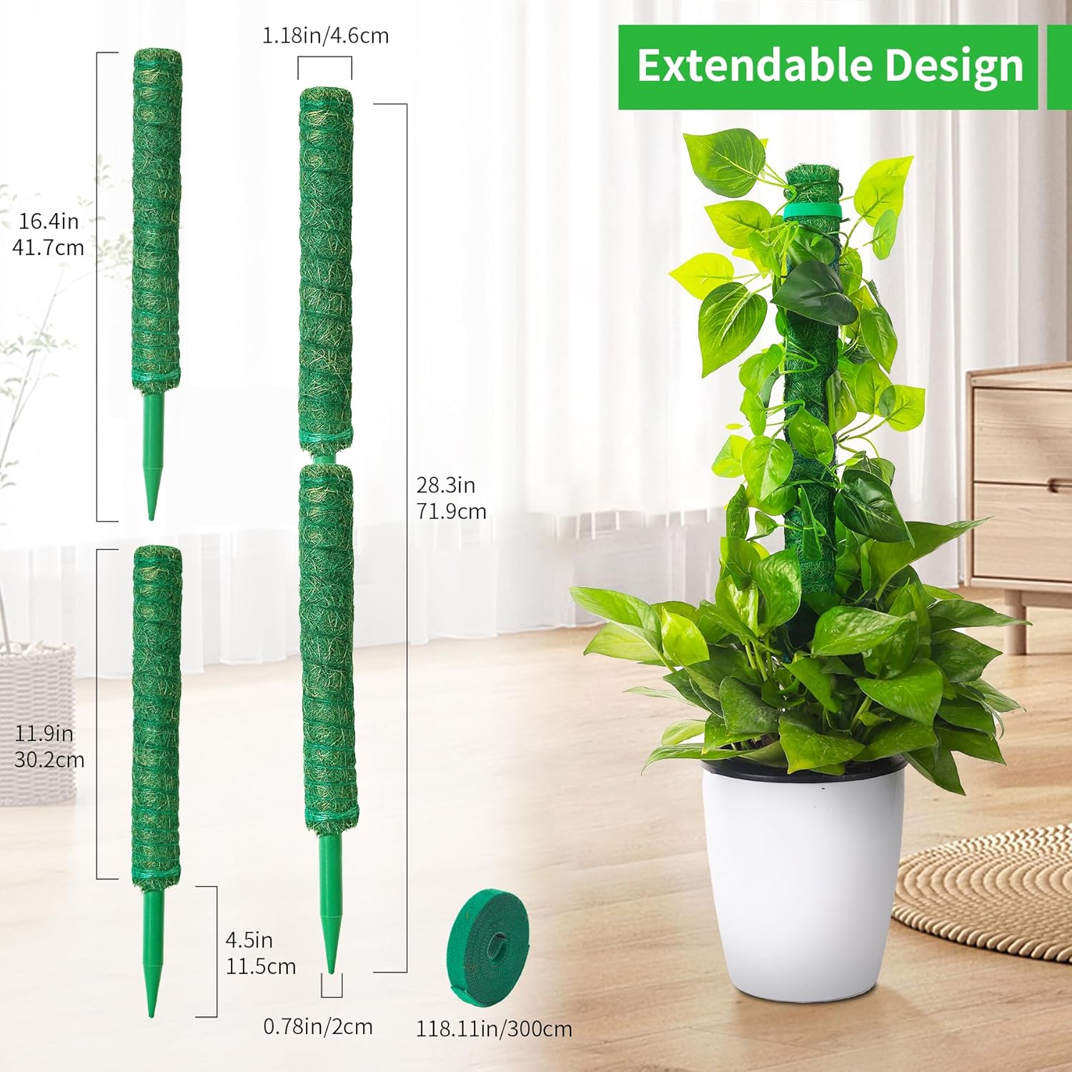 2 Pack Moss Pole, LveSunny 16 Inch Green Stackable Monstera Plant Support, Ideal Moss Poles for Climbing Plants, Moss Pole for Plants Indoor, Plant Support Stakes for Monstera and Potted Plants-VerdiqueGarden