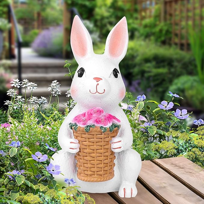 Brightever Solar Powered Garden Statues- Bunny Figurines for Spring & Easter Decor, Outdoor Rabbit Statue with Colorful LED Lights for Patio, Balcony, Lawn, Birthday Gifts for Women, Mom, Grandma-VerdiqueGarden