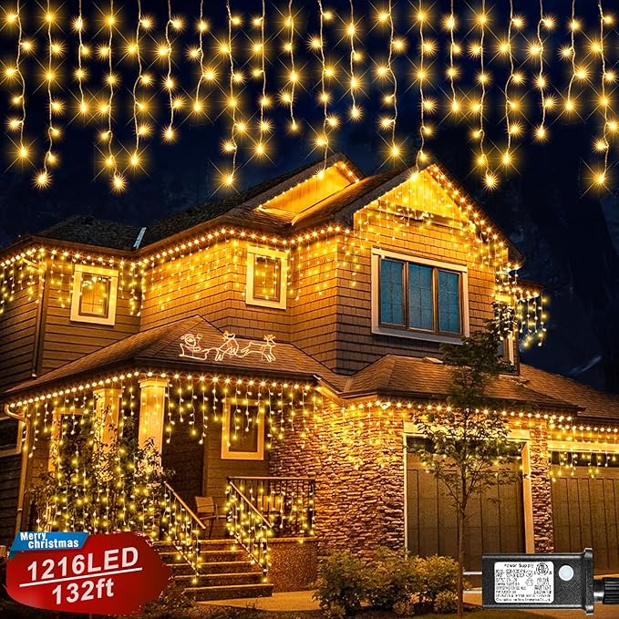 Icicle Christmas Lights, 98FT 1216 LED Icicle Lights for Outside with 228 Drops, 8 Modes Waterproof Twinkle String Lights for House Bedroom Wedding Holiday Decorations, Warm White-VerdiqueGarden