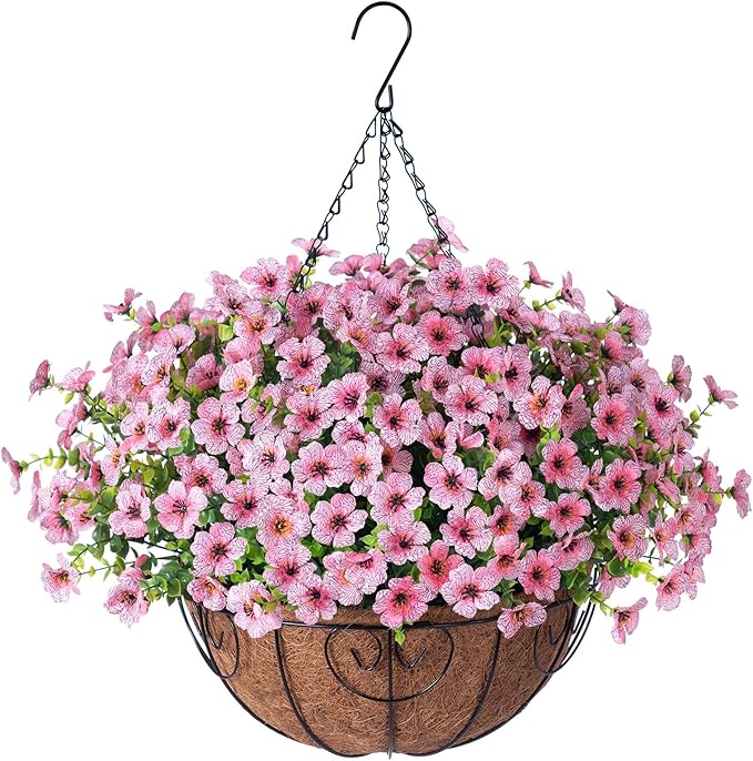Artificial Fake Hanging Plants Flowers with Basket Outdoor Spring Decor, Faux Silk Pink Daisy in Pot Planter Realistic UV Resistant for Porch Home Indoor Patio Balcony Garden Yard-VerdiqueGarden