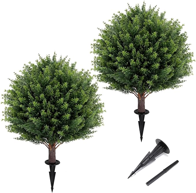 Artificial Cedar Topiary Ball Tree 23" with Ground Spike, Set of 2 Artificial Boxwood Bushes for Faux Shrubs, Fake Evergreen Faux Plant for Indoor Outdoor Porch Garden- UV Resistant – Fade-Proof-VerdiqueGarden