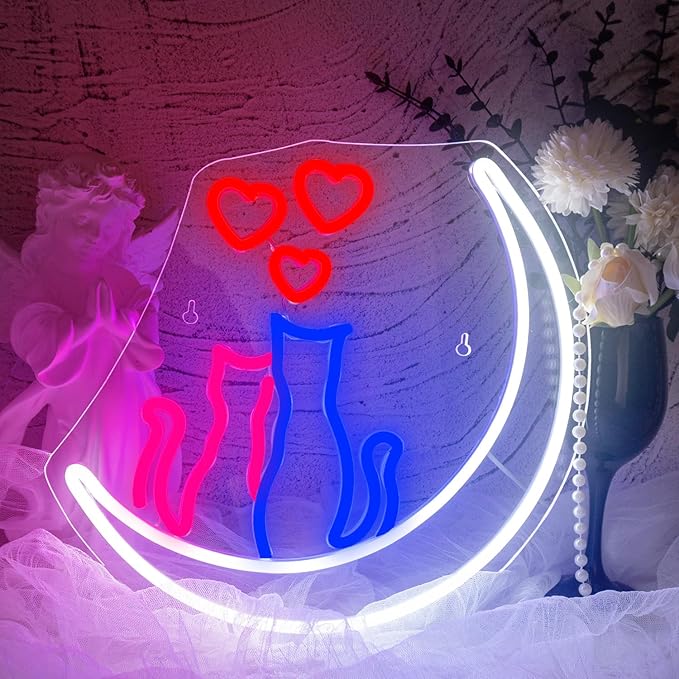 Two Cats on Moon Neon Sign,Cute Couple Kittys Neon Lights for Wall Decor,Kawaii Animal 3D LED Neon,USB Light Up Signs for Girls Bedroom Bar Home Party Valentine's Day Cat Lovers Weddings-VerdiqueGarden